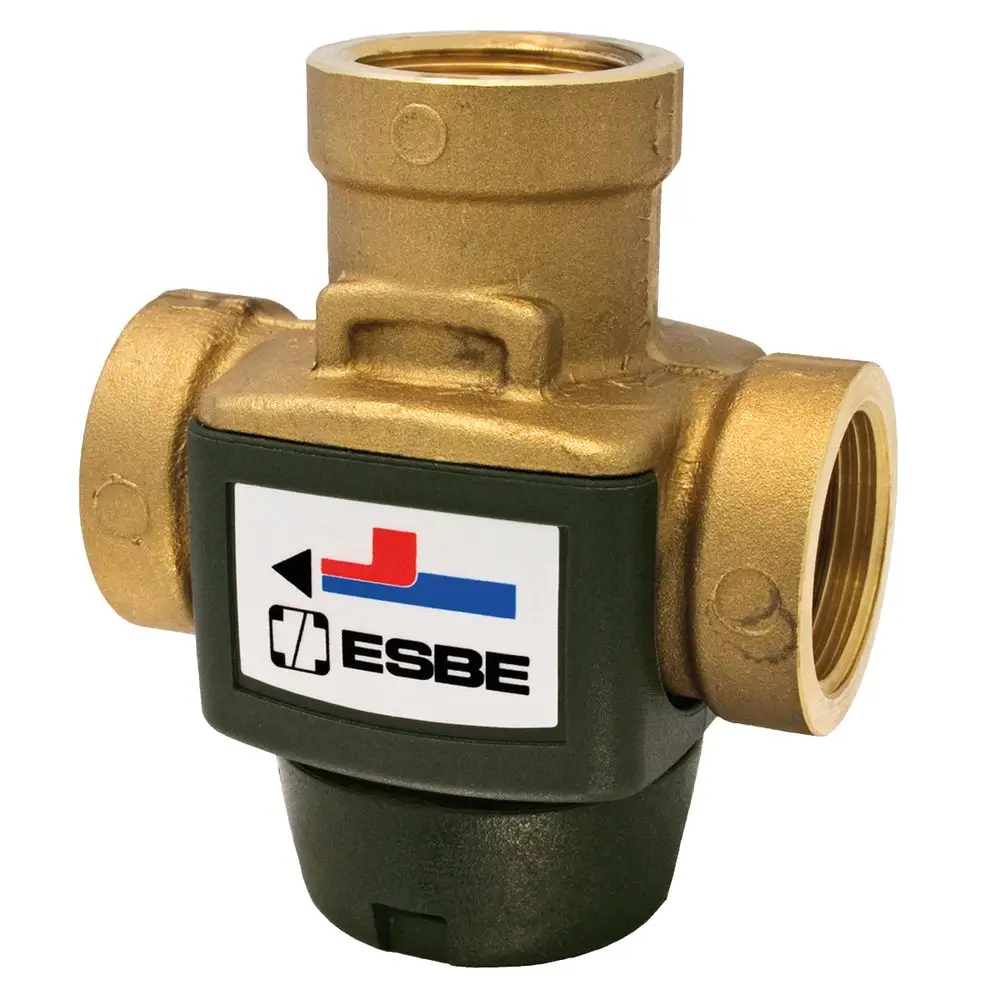 Thermisches Ventil von ESBE mit metallischen Anschlüssen. Kompakte Bauform mit einer Anschlussmöglichkeit für Rohrleitungen. Anwendungsbereich in Heizsystemen.